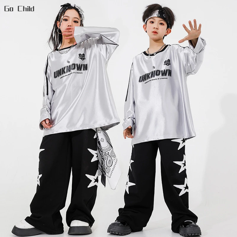 Girls Reflective Streetwear Boys Hip Hop Sliver Sequin Loose Sweatshirt Pants Kids Street Dance Clothes Sets Child Jazz Costumes