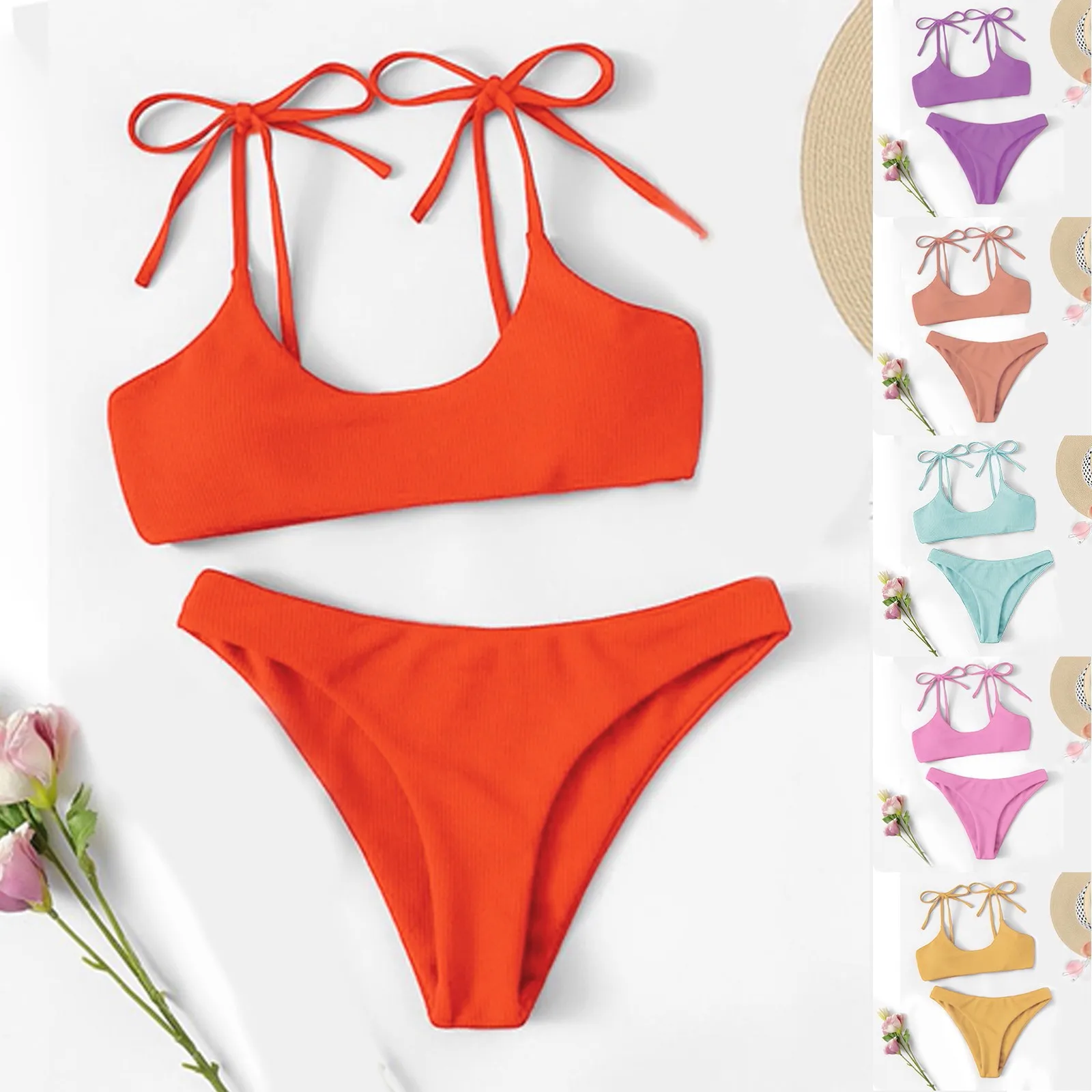 2024 Summer Women\'s Swimsuit Sexy Three Points Strap Halter Bikini Two Piece Swimsuit Fashion Solid Colour High Waist Swimwear