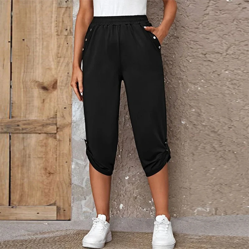 Summer New Elastic High Waist Solid Color Pants Ladies Casual Fashion All-match Trousers Women Comfortable Sporty Loose Shorts