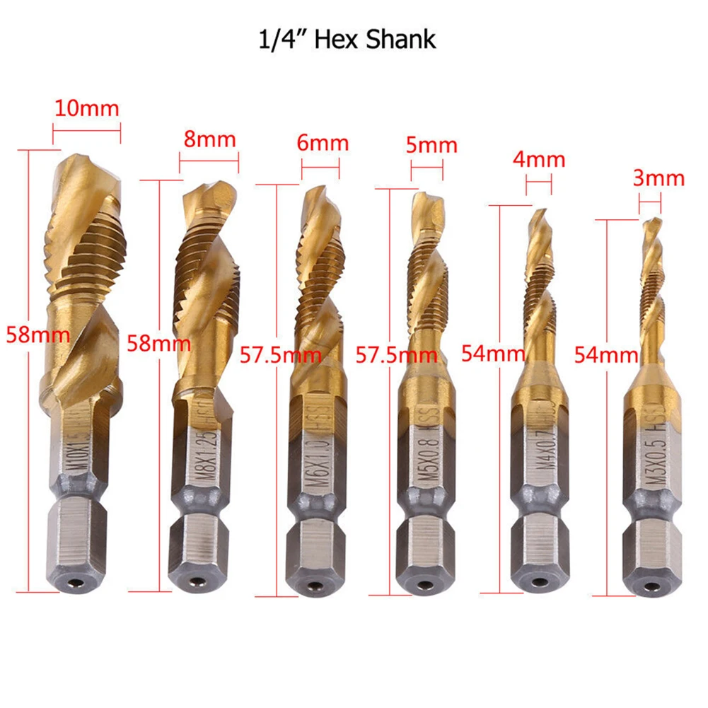12Pcs Compound Metric Tap Drill Bits Screw Thread Hex Shank Machine Titanium HSS Tap Bit Tool For Metal Steels Woods Plastic