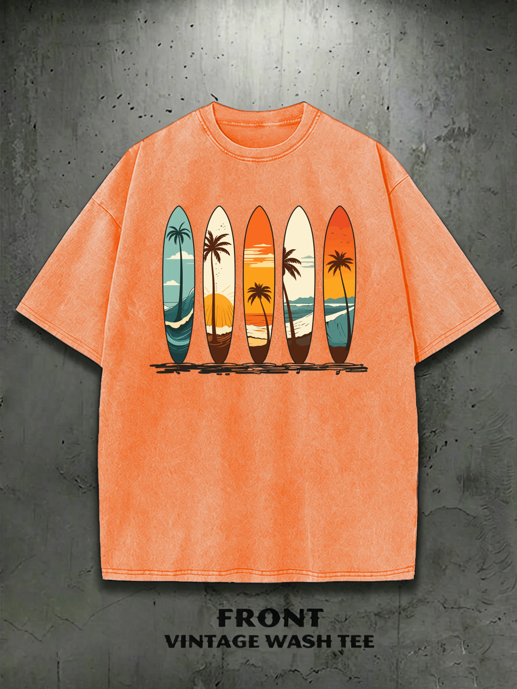 Beach Coconut Tree Surfboard Pattern Men'S Summer All-Match Washed T-Shirts Hip Hop Cotton Sportswear Casual Breathable T Shirt