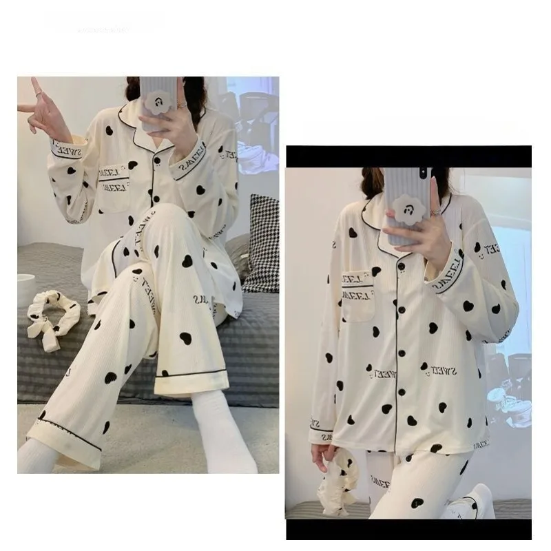 New Style Pajamas Female Summertime Long-sleeved Trousers Two-piece Suit Spring and Autumn Sweet Cute Maiden Loungewear Comfort