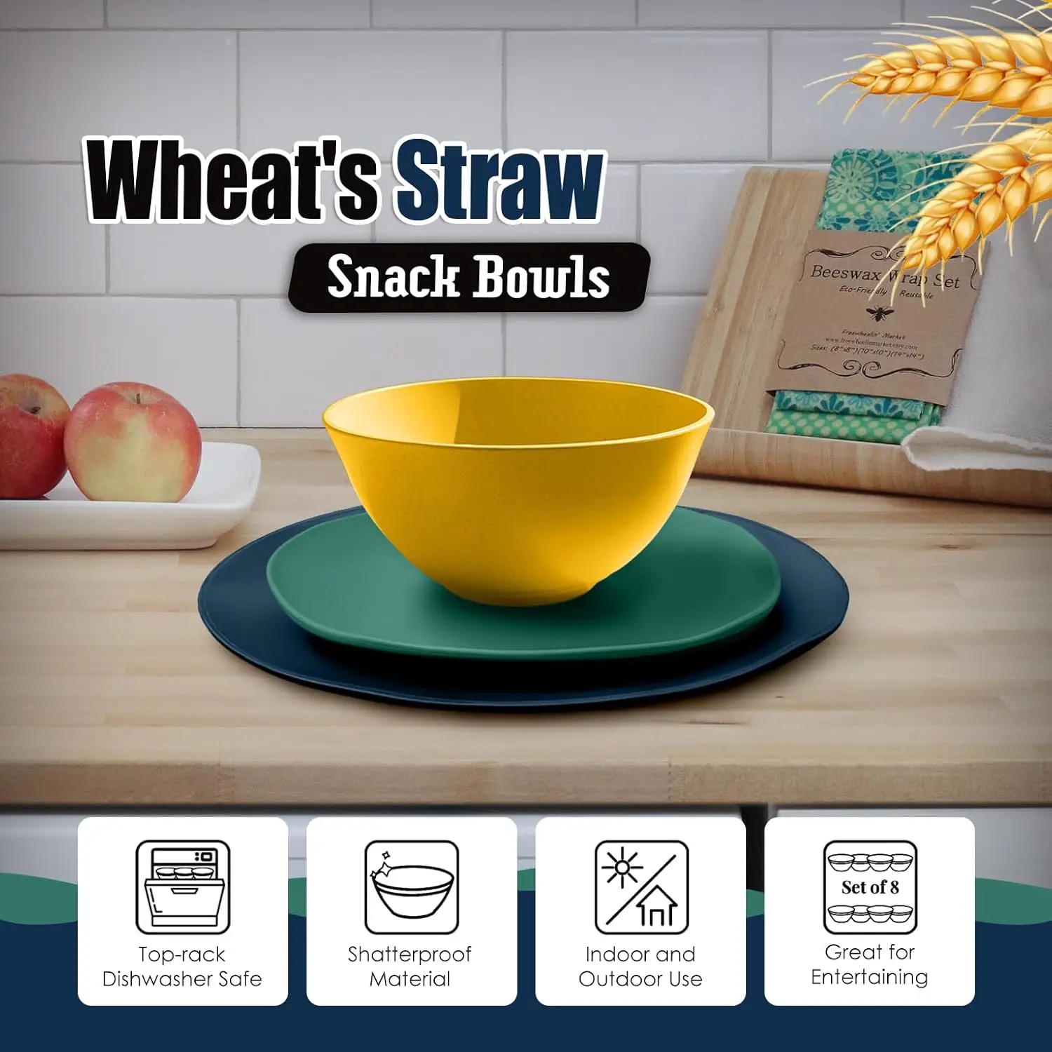 طقم أواني طعام بلاستيكية من قش القمح مكون من 32 قطعة، خدمة لـ 8 أشخاص، أطباق عشاء، طبق حلوى، أوعية حبوب، أكواب، غير قابلة للكسر