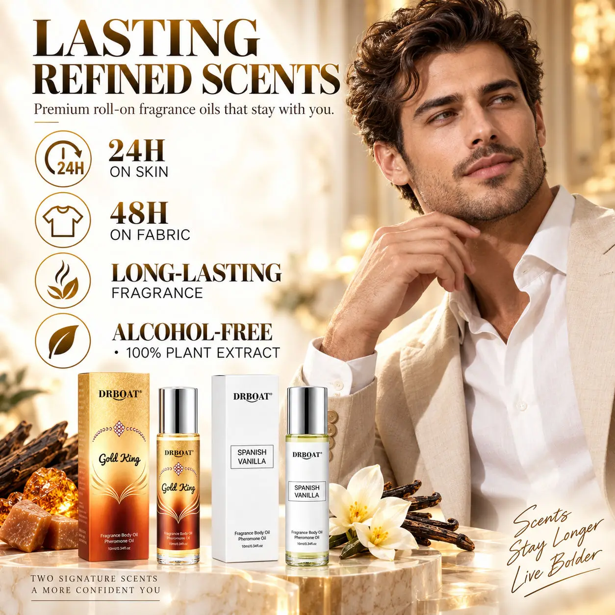 Men Duo Roll-on Perfume Oil Kit, Warm Gourmand Amber Vanilla Scent, 48H Lasting Portable Travel Fragrance Gift for Dating view 5