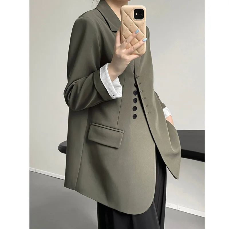 Vintage Green Irregular Button Suit Jacket Women Spring Autumn Lapel Long Sleeve Loose Casual Blazer