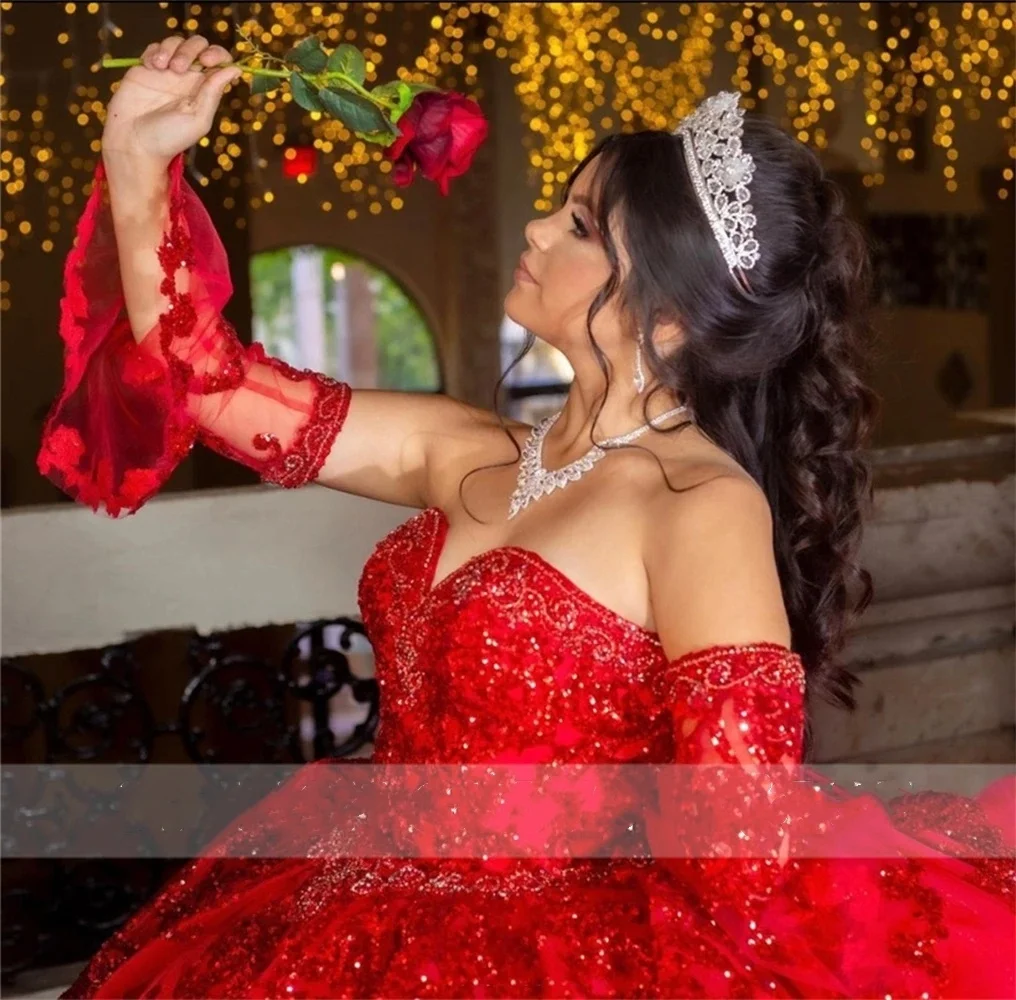 المكسيك الأحمر الكرة ثوب الحبيب الترتر فستان Quinceanera #4