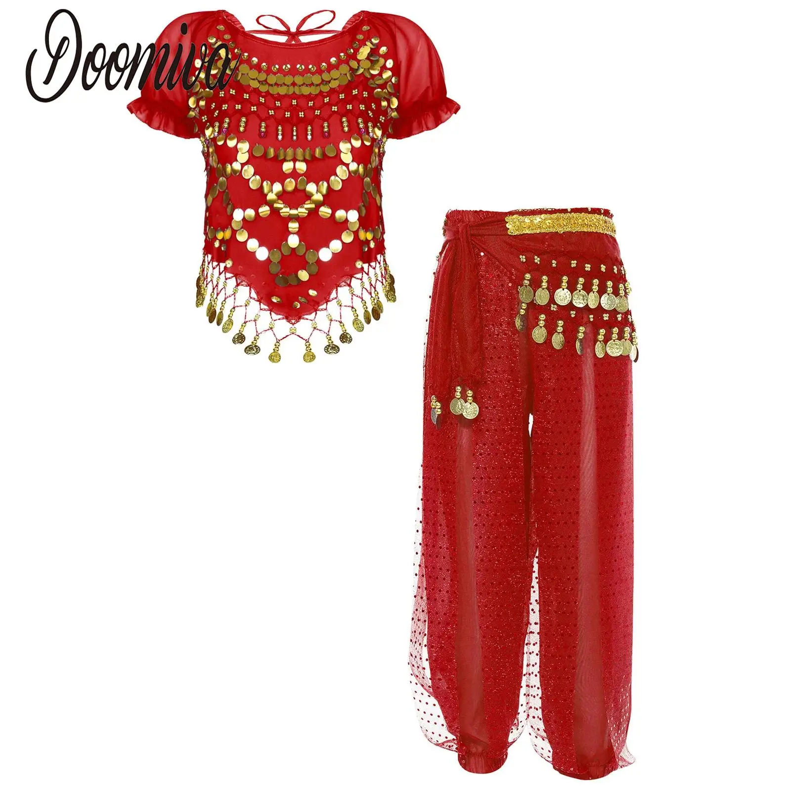 

Girls Belly Dance Performance Costume Short Sleeve Chiffon Crop Top Bloomers Pants Waist Chain Belly Outfit Bellydance Wear