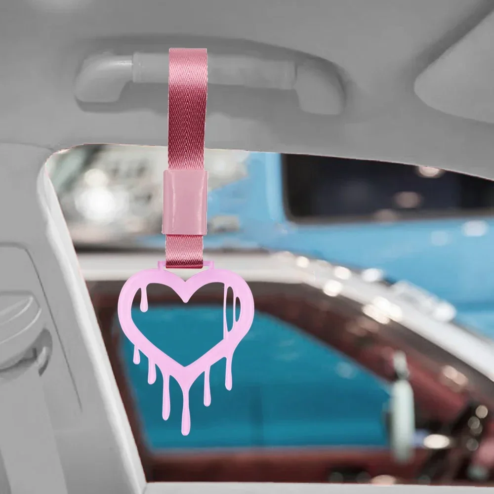 JDM Style TSURIKAWA Universal 1Pcs Drippy Heart Pink Ring Subway Train Bus Handle Strap For Car Styling