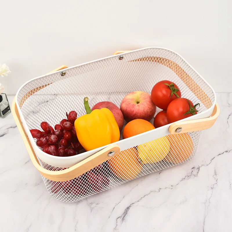 سلة فولاذية شبكية معدنية ، منظم تخزين الطعام السلكي بمقبض خشبي ، سلة مستطيلة للمطبخ #4