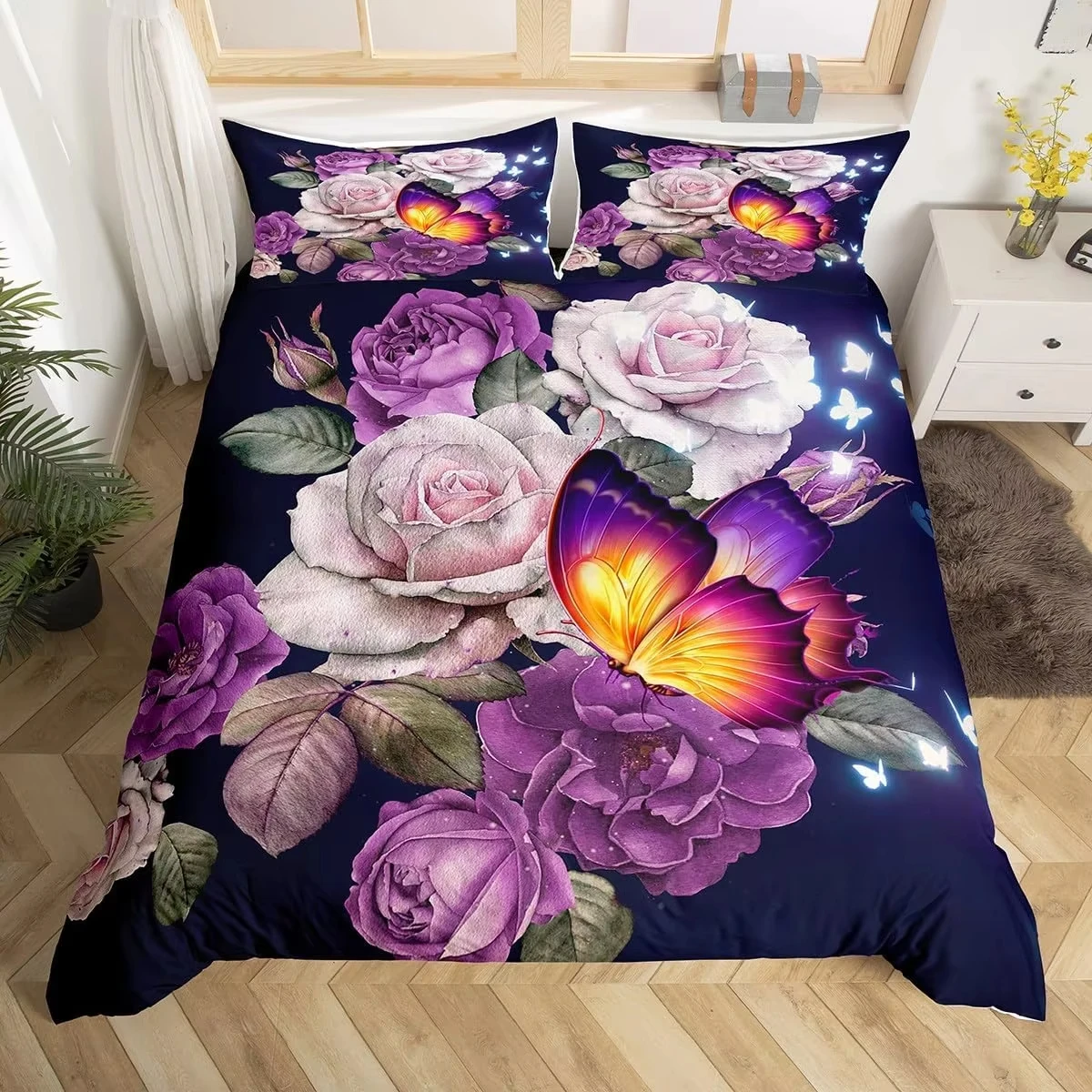 Butterfly Duvet Cover Set Twin King, Romantic Rose Flower Bedding Set 3pcs for Boys Girls Room, Botanical Floral Comforter Cover