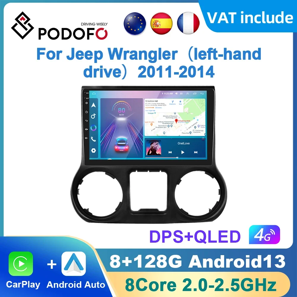 Podofo AI Voice Android Carplay Car Radio For Jeep Wrangler 2011-2014 Android Auto 4G Multimedia Player GPS Navigation RDS Radio