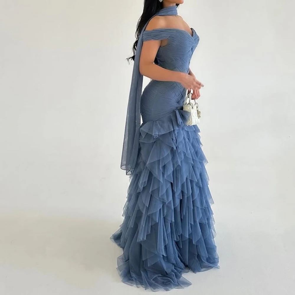 Personalizado sereia vestidos de noite até o chão fora do ombro sem mangas vestido de baile simples moda roubou drapeado vestido de festa