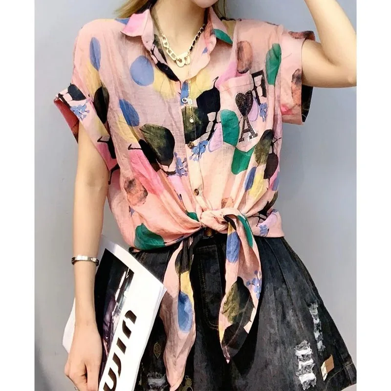 Vintage Popularity Short Sleeve Printed Blouse for Women 2023 Summer Fashion Casual Polo-Neck Temperament Button Shirt Female