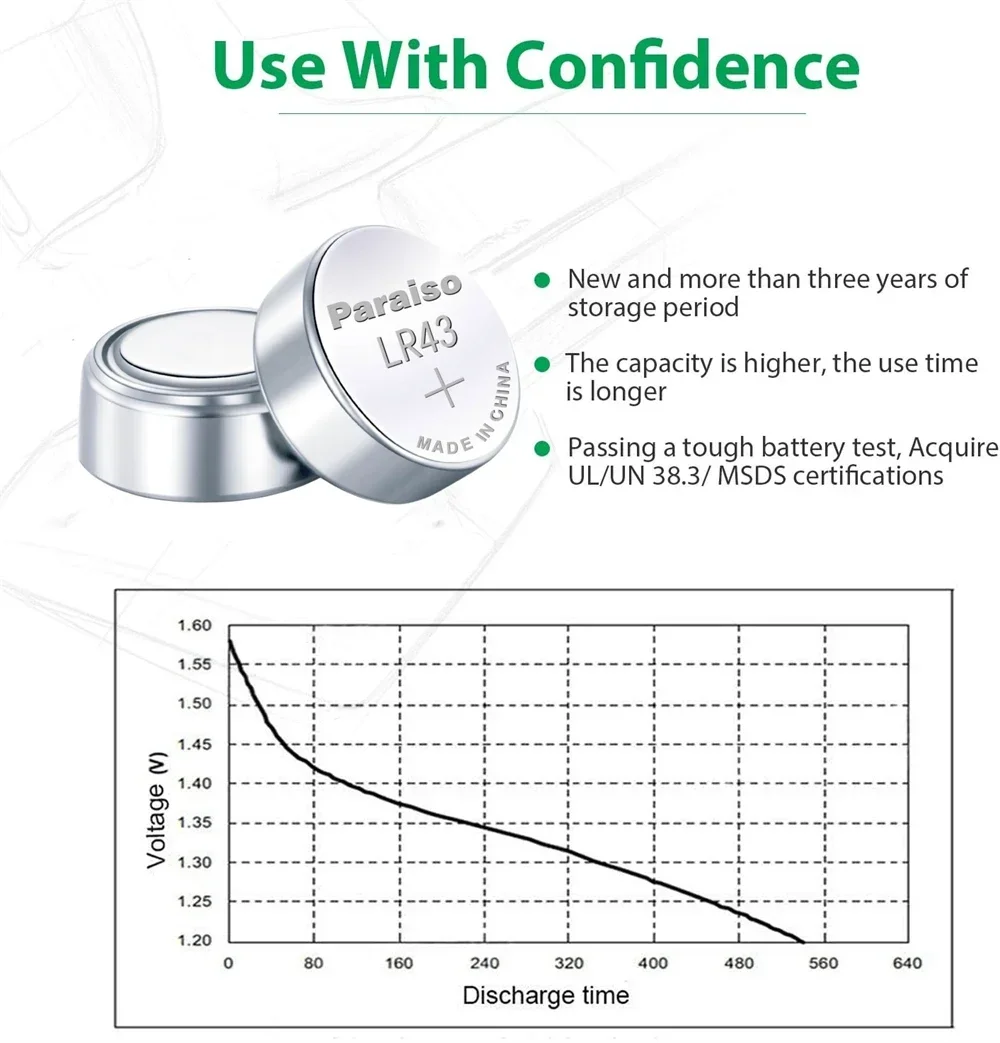 Pilas de botón de alta capacidad, pilas de botón de 1,55 V, AG12, LR43, SR43, 186, 386, LR1142, V12GA, SR43W, SR1142