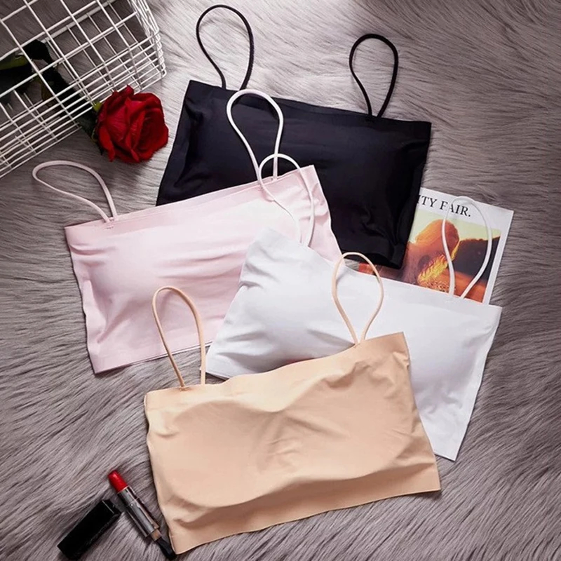 Fashion Summer Sexy Bras For Women Push Up Lingerie Ice Silk Seamless Word Sling Female Tube Top 2024 White Bralette Top Tanks