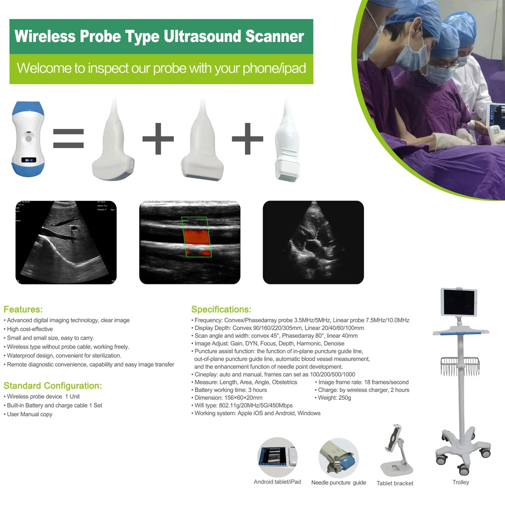 128E Wireless Color Ultrasound Doppler 3 in 1 Probe 3.2MHz/5MHz Convex / 7.5MHz/10Mhz Linear Support iOS Android Windows