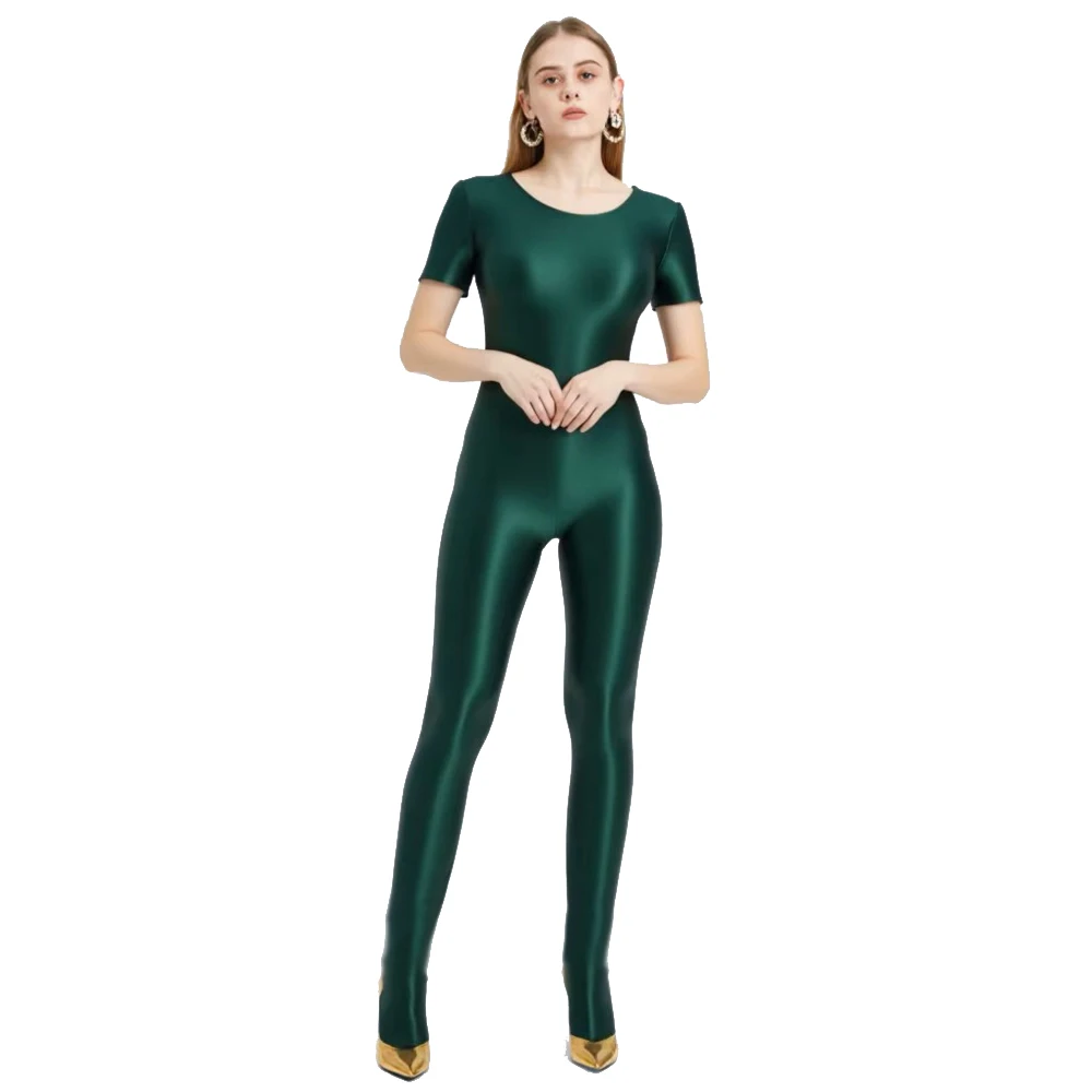 MJINM Women's Shiny Wetlook Bodysuit Opaque Casual Sport Tights Yoga Catsuit Smooth Running Suit Overalls Jumpsuit