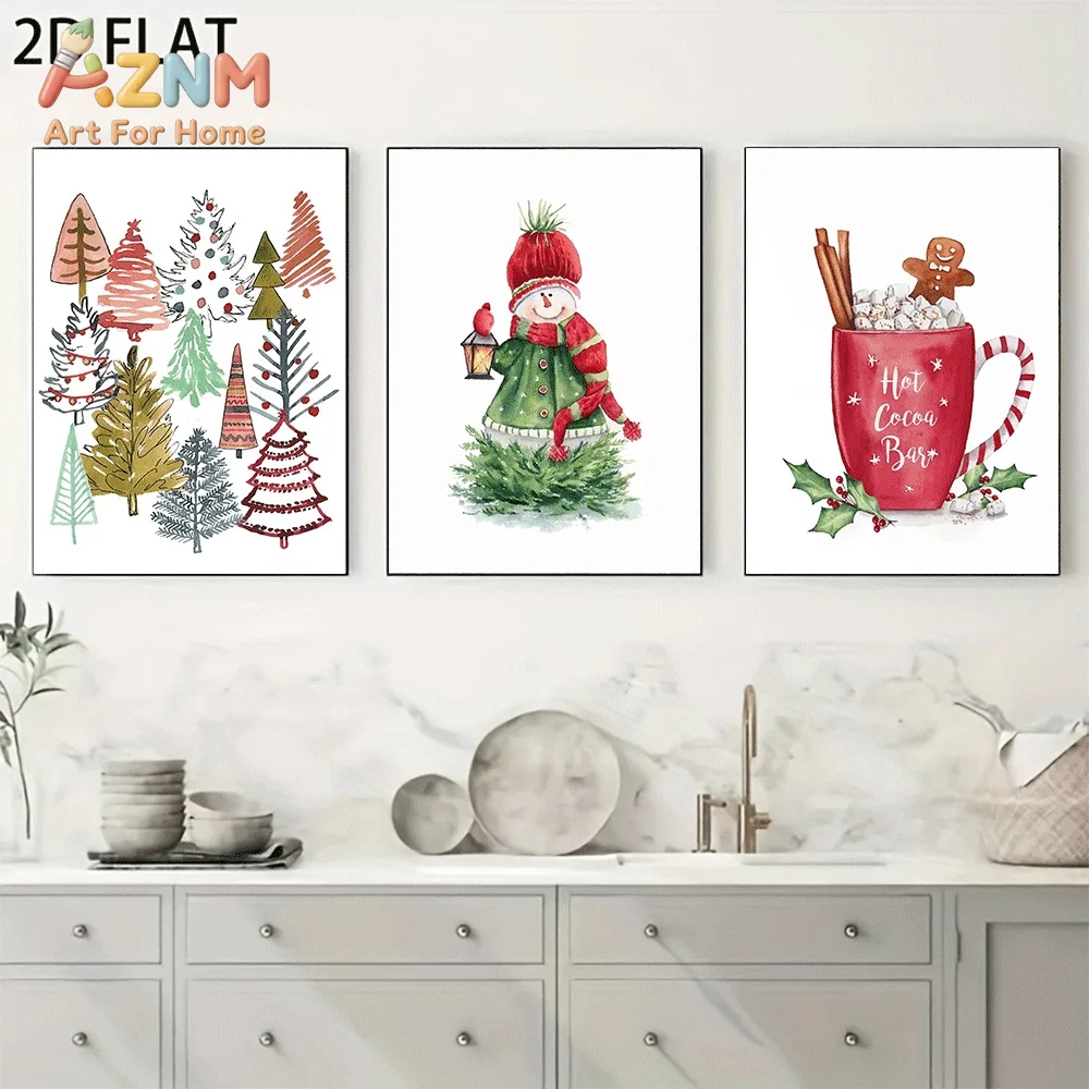 AZNM Watercolor Christmas Tree Snowman Hot Cocoa Bar Canvas Wall Art, Gingerbread Man Cup Winter Holiday Xmas Festive Element Pr