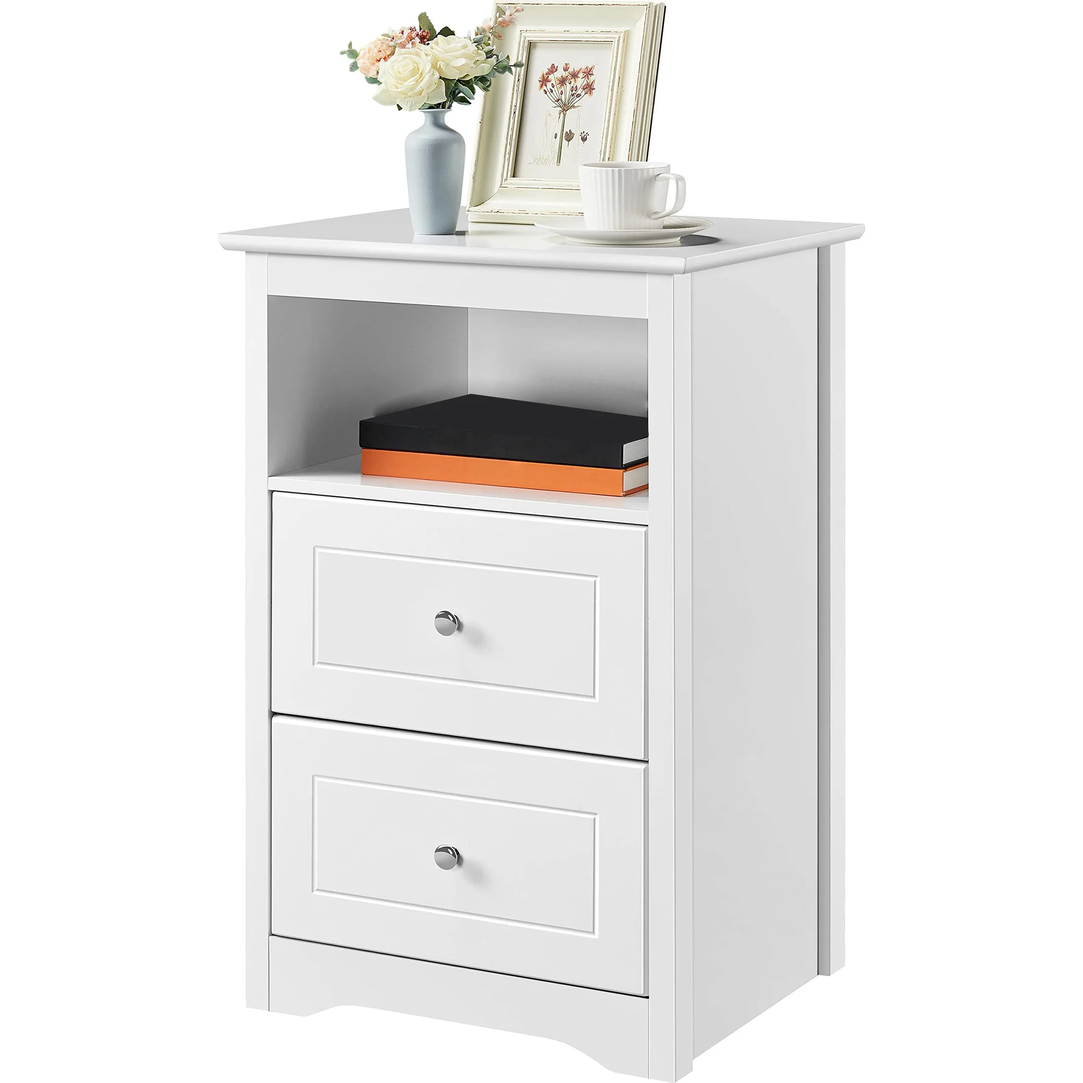 Nightstand with 2 Drawers and 1 Open Shelf, 29 Inch Tall Wooden Bedside Table, Storage Cabinet for Bedroom, Living Room, Home Office, White