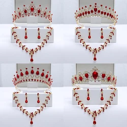 Itacazzo Bridal Headwear Red-color Baroque Atmosphere Romantic Ladies' Wedding Crown Necklace Earrings 4 Pcs Set (Without Box)