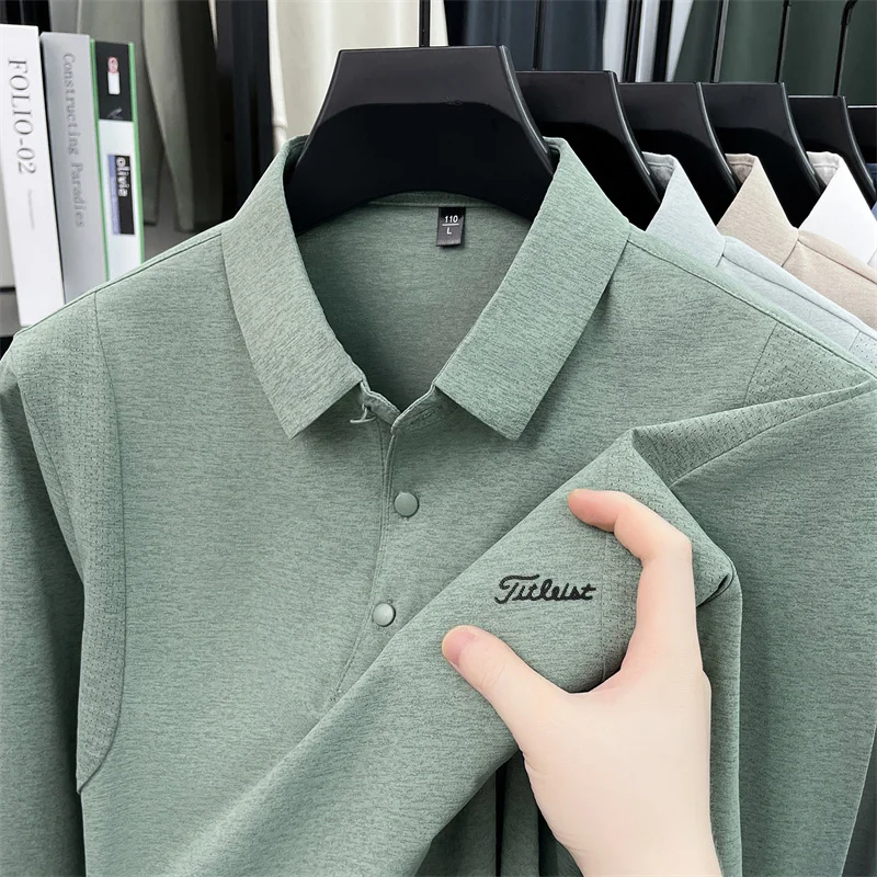 Original Herren Langarm-Poloshirt, schnelltrocknend, atmungsaktiv, mit Revers und Knöpfen, exquisiter Buchstabendruck, Herbst-Freizeit-Sportbekleidung für Herren – Detail 13
