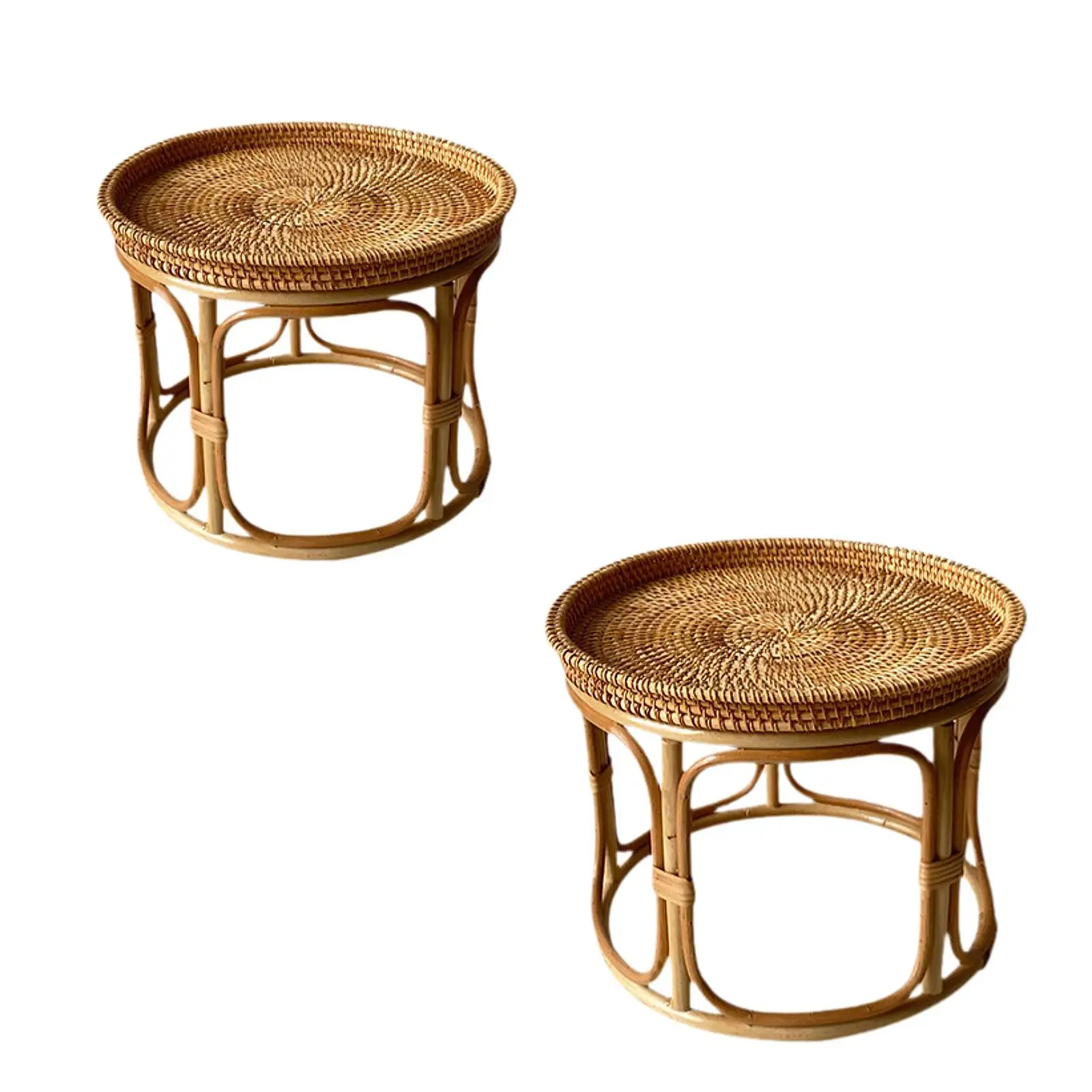 Rattan Side Table Tray Accent Desk Round End Table for Office Garden Indoor