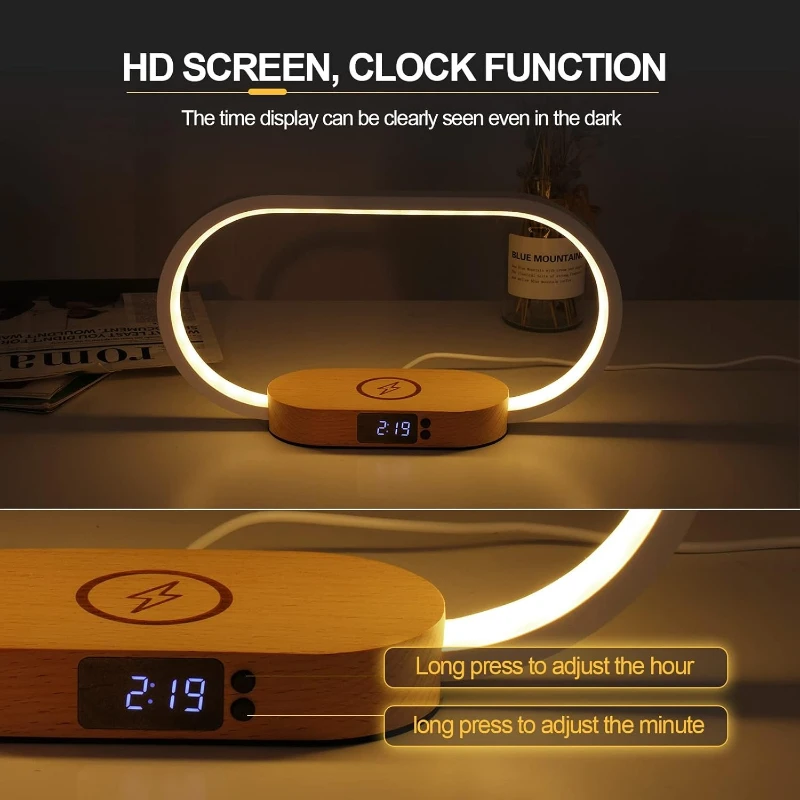 

Wooden Wireless Charging Lamp 3-Color LED Bedside Light Eye-Caring Night Lamp with Qi Charger with Touch Control USB Port