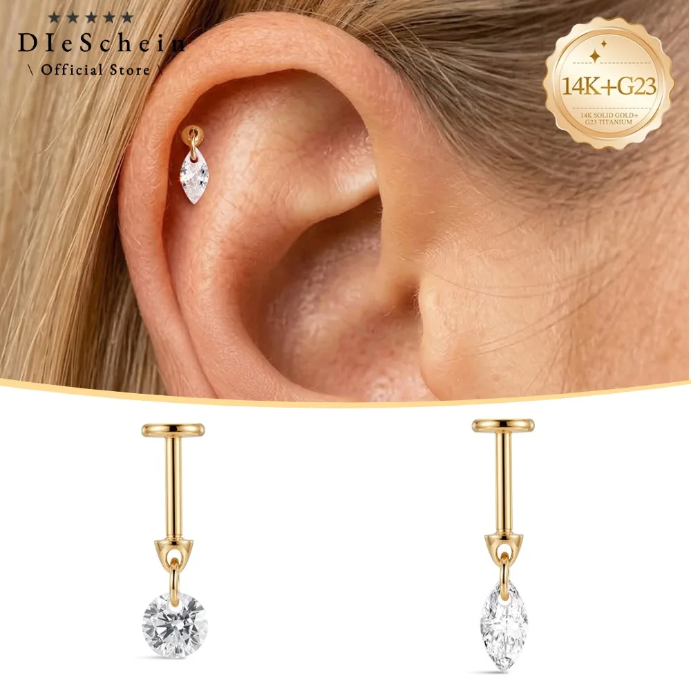 

DIeSchein 14K Solid Gold Flat Back Earring Dangle Marquise Zircon Labret Stud Internal Thread Piercing Stud Earring Jewelry