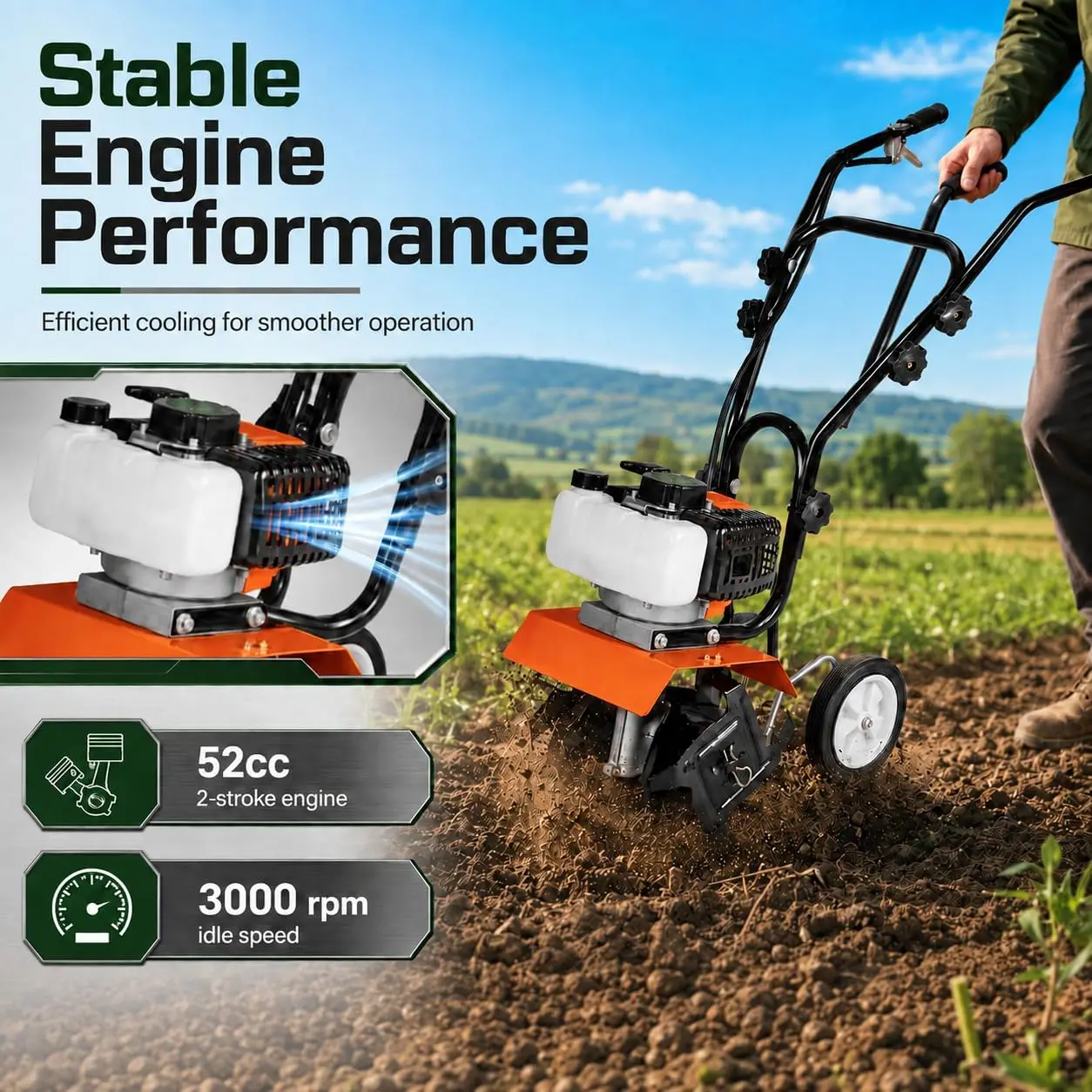 Gas Powered Tiller Cultivator 52CC, 2 Stroke Engine, Adjustable Steel Tines, Efficient Soil Cultivation, Durable Design For Garden And Field Use
