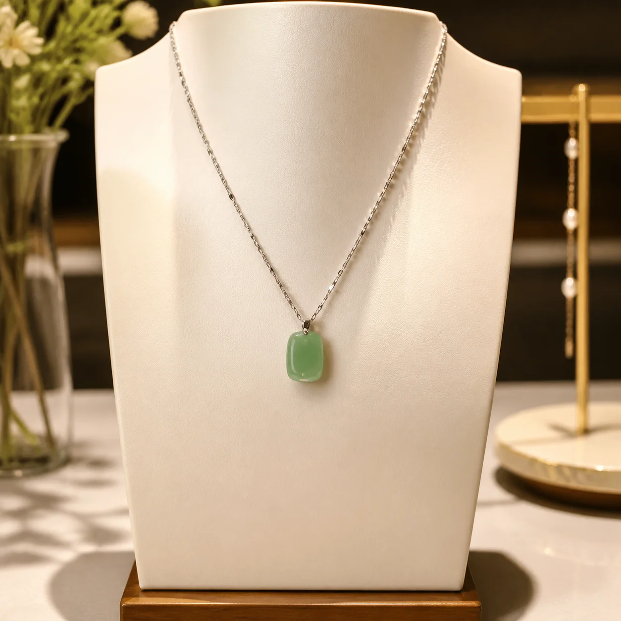 Elegant Emerald Geometric Pendant Necklace for Women • Copper Alloy with Silver Plating • Lightweight Clavicle Chain • Casual Le