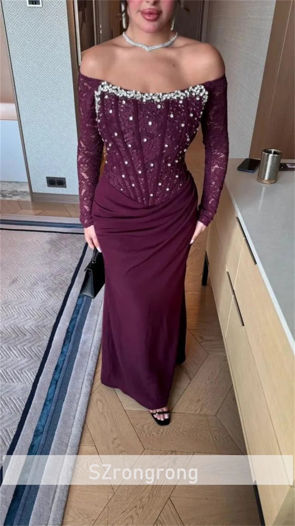 Strapless cetim frisado cristal plissado espartilho lindo vestidos de noite sem costas bainha 3/4 manga longa baile de formatura vestido saudita para mulher