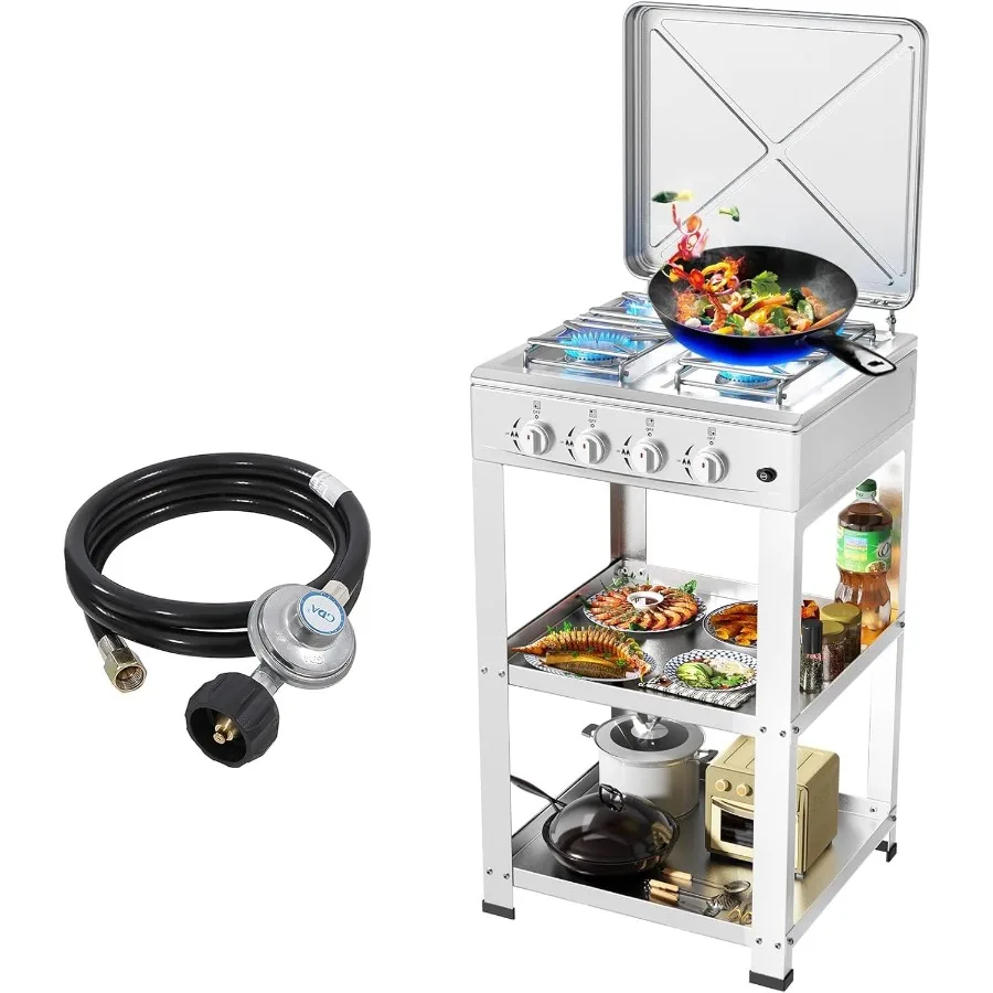 Stufa a gas propano portatile 300000BTU con supporto per accensione automatica Supporto per gamba Adattatore per copertura blocco vento Sistema di cottura GPL a 4 bruciatori