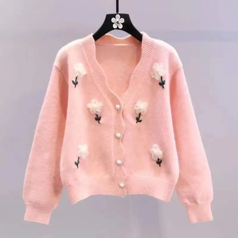 Women\'s Rhinestone 3D Flower Sweet Chic Kawaii Y2K Knitted Sweater Autumn Winter Trendy Preppy Style Long Sleeve Button Cardigan