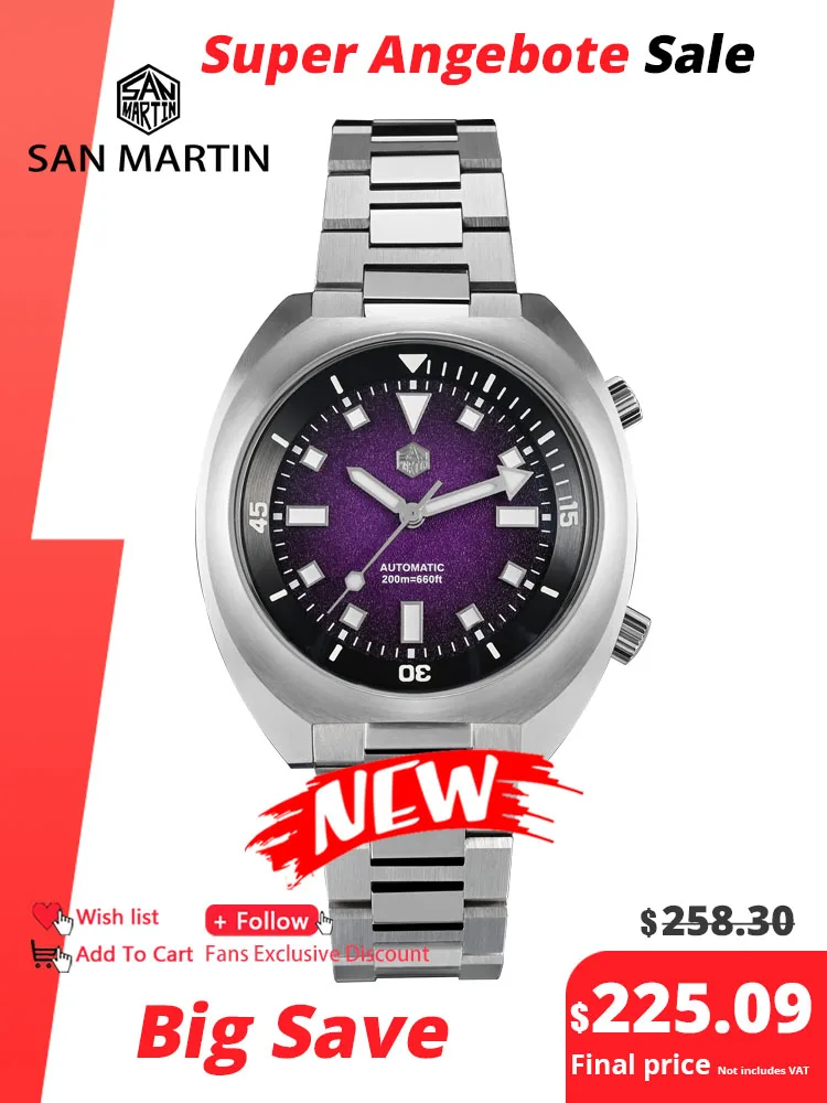 

San Martin 2025 Grained Dial 42mm YN55 Automatic Mechanical Men Diver Watch Internal Bidirectional Rotating Bezel 20 Bar SN0066