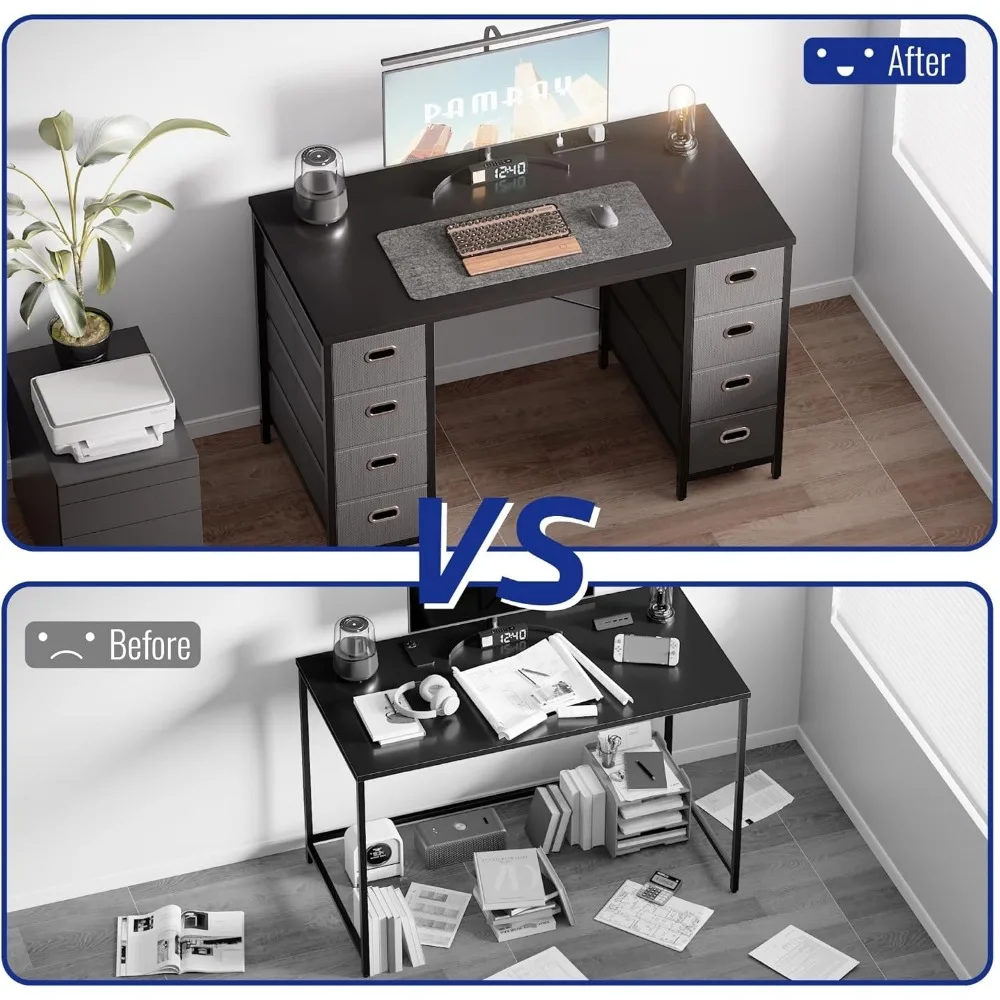 مكتب كمبيوتر للألعاب مقاس 47 بوصة مع 8 أدراج قماشية، وطاولة كتابة للدراسة في المكتب المنزلي لغرفة النوم، ومكتب كمبيوتر وردي مع مساحة تخزين #4