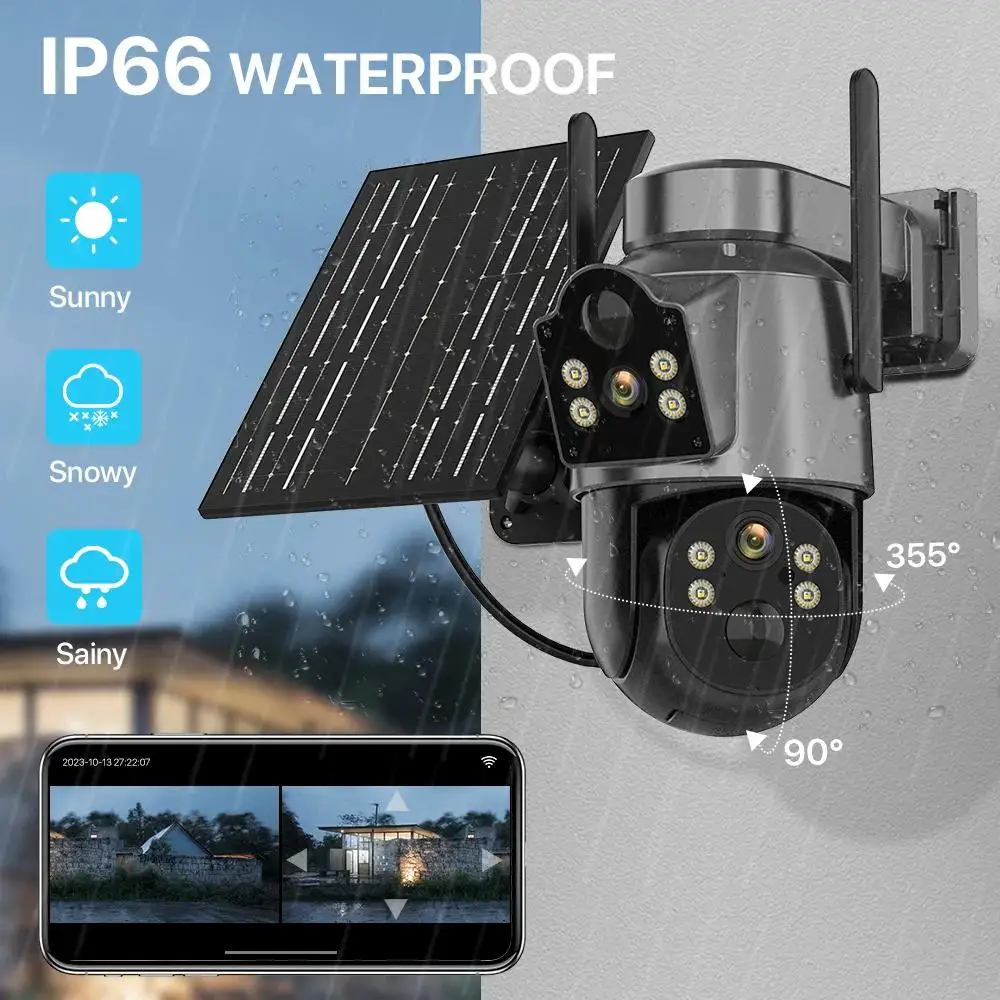 Outdoor Wifi Solar Camera Met 6.7W Zonnepaneel 4mp Dual Lens Dual Screen Linked Security Surveillance Ingebouwde 7800 Mah Batterij