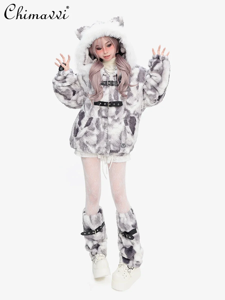 Original Japanese Plush Thickened Padded Jacket Winter New Punk Subculture Long-sleeved Loose Warm Kawaii Hooded Jackets Coat