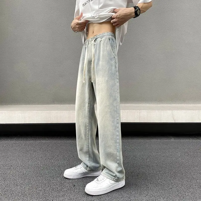 

2024 New Spring and Autumn Fashion Trend High Waist Casual Loose Straight Leg Simple Solid Color Wide Leg Jeans for Men