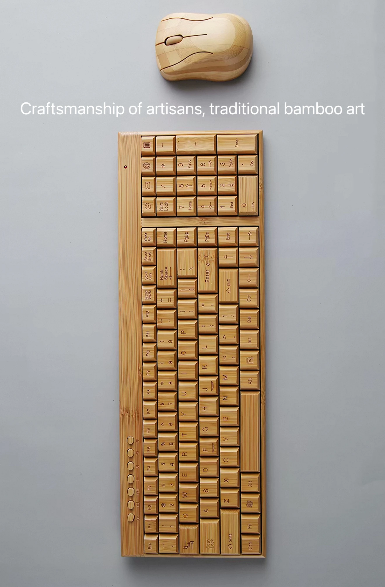 Bamboo products, wireless keyboard and mouse set, handcrafted entirely by hand.