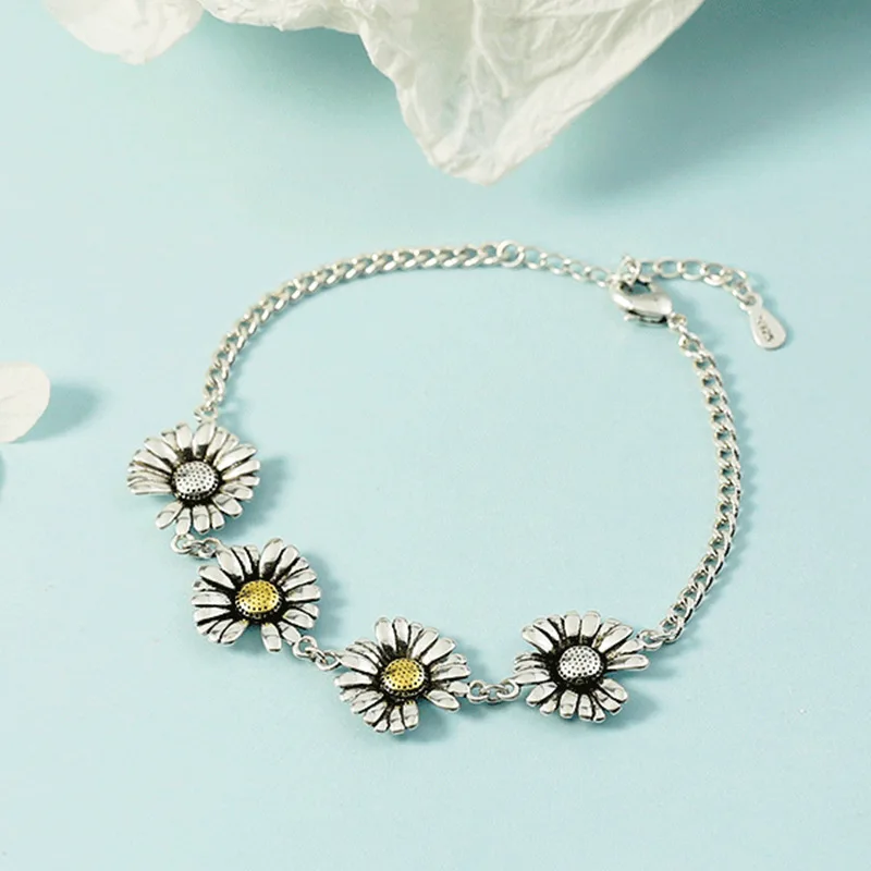 925 Sterling Silver Vintage Daisy Flower Charm Bracelet For Women Bracelets &Bangles Wedding Party Jewelry Gift Jlkfjlda