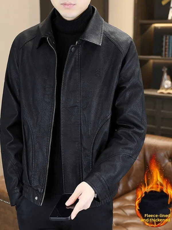 

Winter Thiened Fce Lined Casual Men's Leather Jaet Sli Stand Collar Biker Coat Warmth Faionable Men's Coat