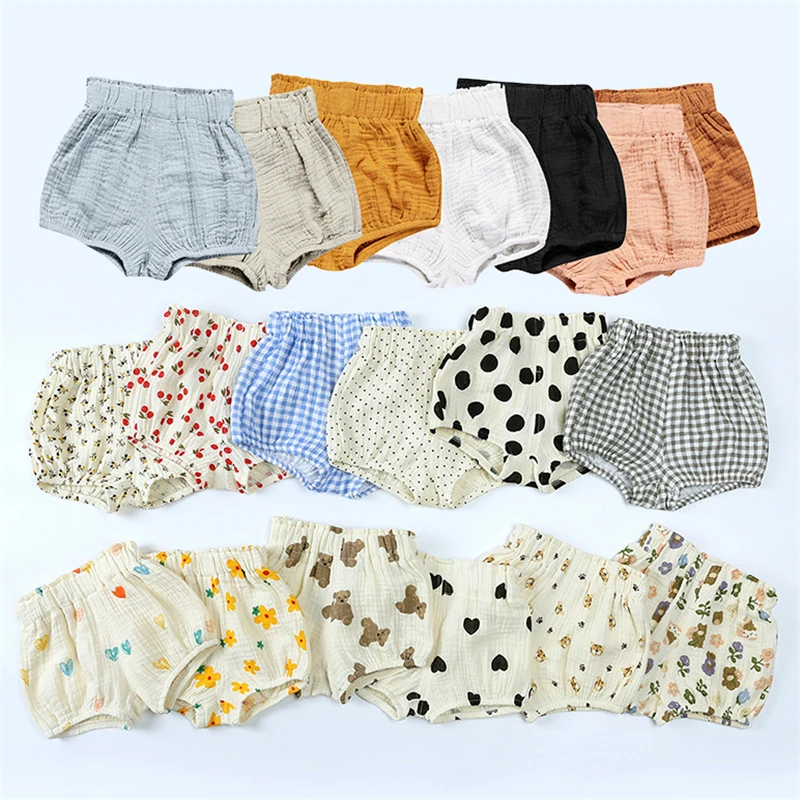 0-3Y Newborn Baby Shorts Kawaii Bear Flowers Print Toddler Bloomers PP Pants Cotton Linen Triangle Solid Girls Shorts for Summer