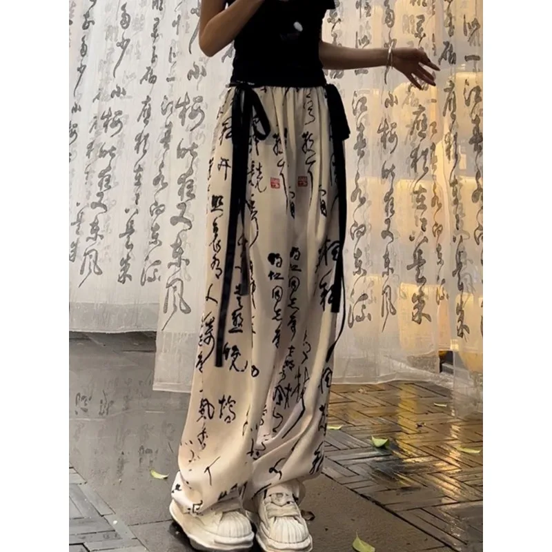 Chinese Calligraphy Streamers Wide-leg Sweatpants Summer High-waist Pants Loose Thin Ice Silk Straight-leg Floor-length Trousers