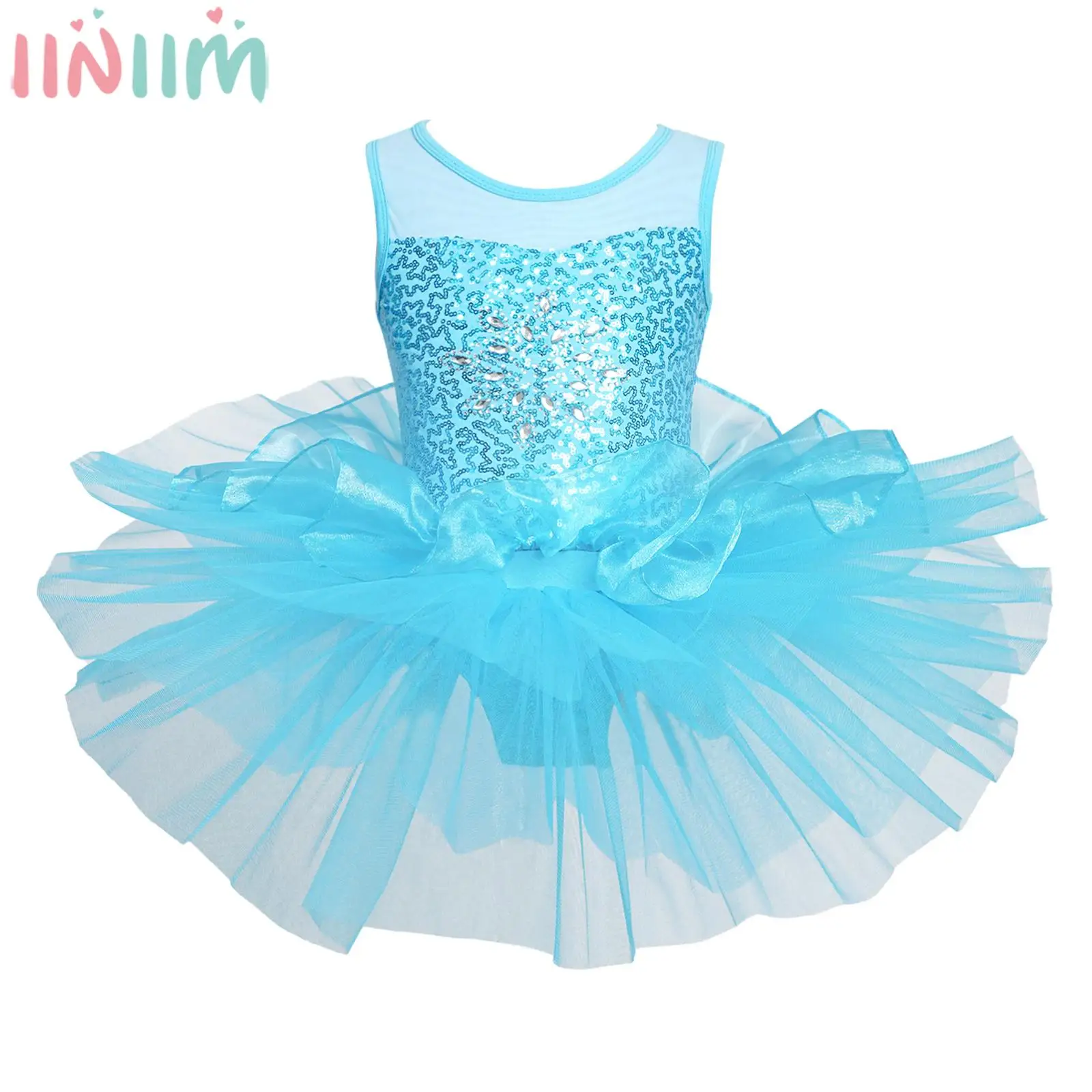 Kids Girls Ballet Dance Dress Sleeveless Shiny Sequins Mesh Leotard Tutu Gymnastics Figure Skating Stage Performance Dancewear