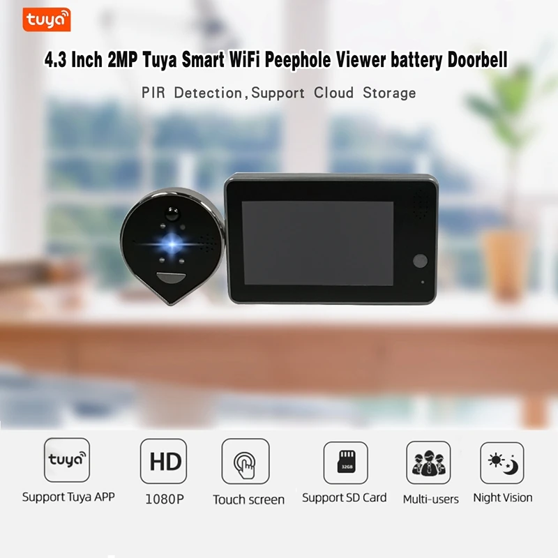 

4.3Inch 2MP Tuya Smart WiFi Peephole Viewer Battery Doorbell PIR Motion Detection Video Intercom Support TF Card Cloud Storage