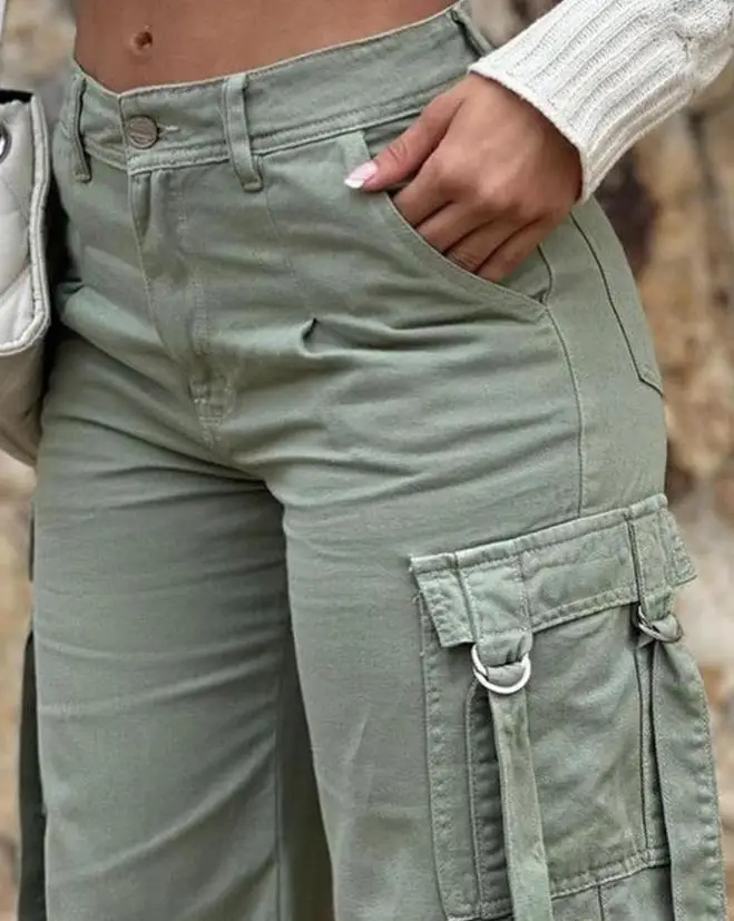 Fashion Personality Street Women's Overalls Straight-Leg Pants Pocket Design High Waist Cargo Pants Daily Casual Trousers