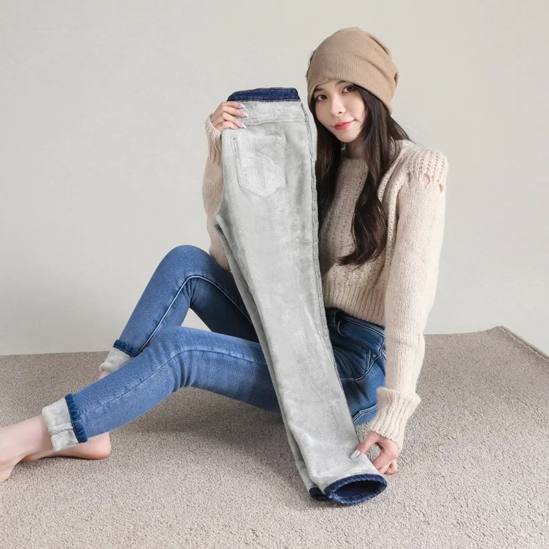 

Women Thermal Jeans Winter Snow Warm Plush Stretch Jeans Lady Skinny Thicken Fleece Students Pants Female Retro Blue Trousers