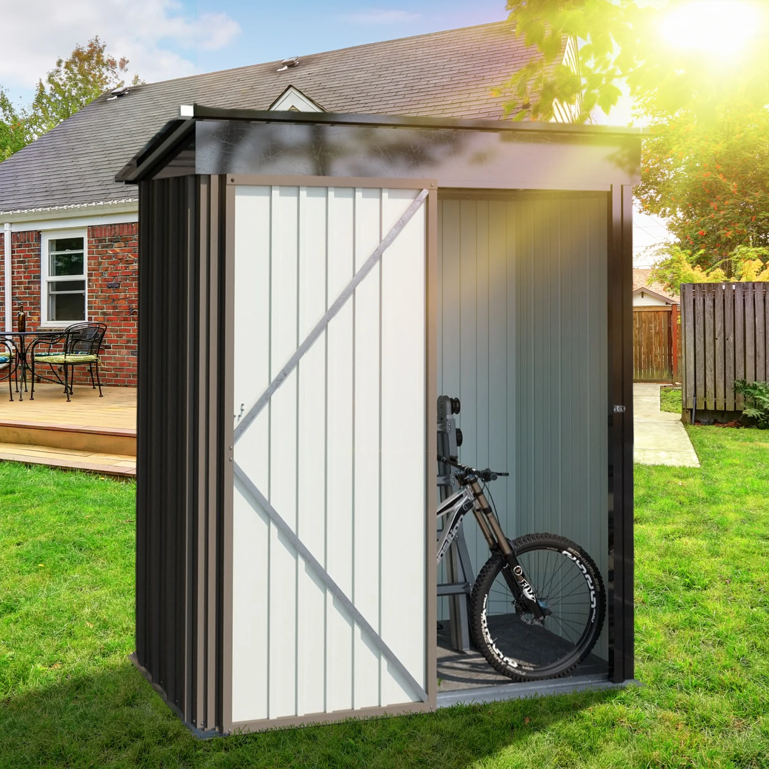 Outdoor Storage Shed with Sloping Roof, Lockable Door - Metal Shed for Backyard Garden Patio Lawn