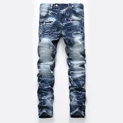Zipper Pocket Retro Nostalgic Jeans Men's New Style High Street Motorcycle Fashion Stretch Slim Straight Denim Trousers Male