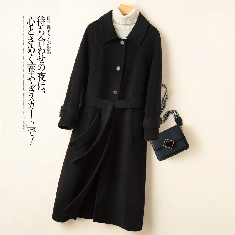 

Autumn and Winter New Double sided Cashmere Coat Women's Mid length High end Polo Collar Cardigan Wool Coat High end Hepburn Sty